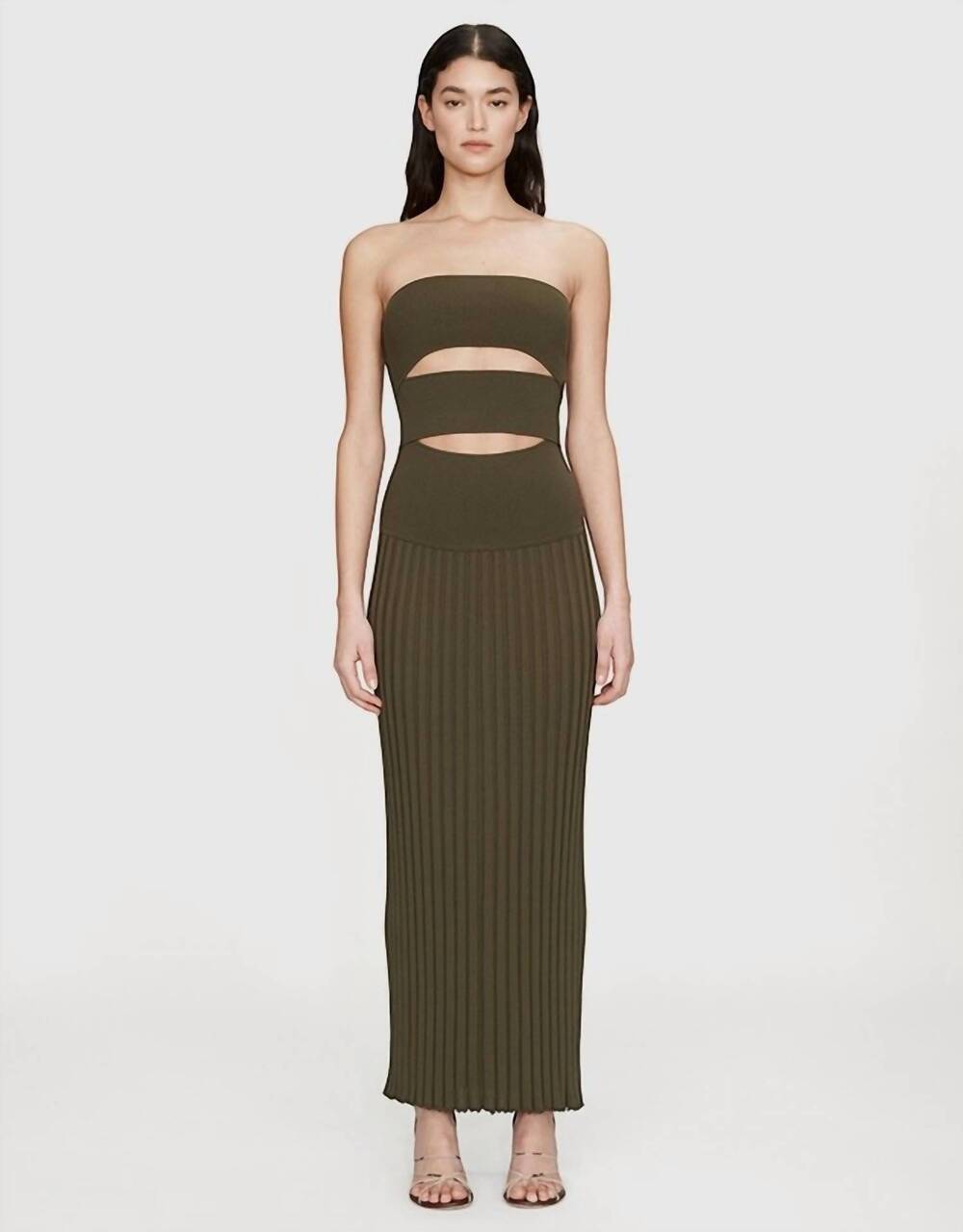 NEW CHRISTOPHER ESBER slashed knit sunray strapless dress in kombu